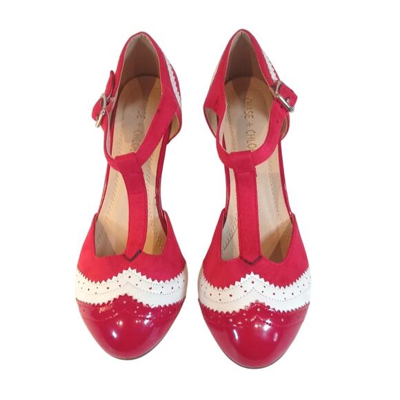 CHASE & CHLOE Kimmy 66 Red Retro 50's 60's Closed Toe T-Strap Pumps Heels - Picture 3 of 8